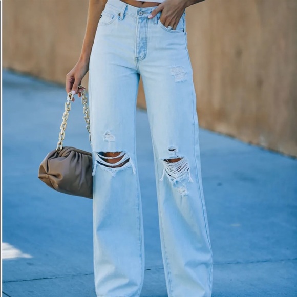 HIGH WAIST 90’s Style Light Wash Wide Leg Distressed Ripped Flare Denim Jeans - Picture 3 of 10
